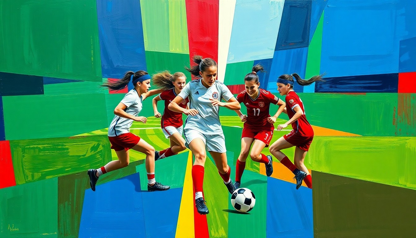 A fragmented, geometric painting in shades of green, blue, and red, depicting the dynamic movements and overlapping perspectives of a girls soccer match.