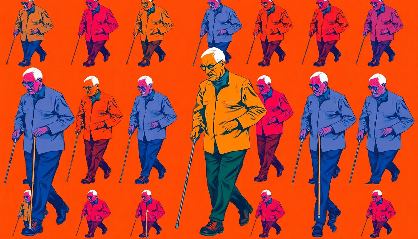 A vibrant, high-contrast silkscreen print depicting a senior citizen walking with a cane, repeated in a grid pattern to represent the concept of an inclusive, community-focused senior living development.