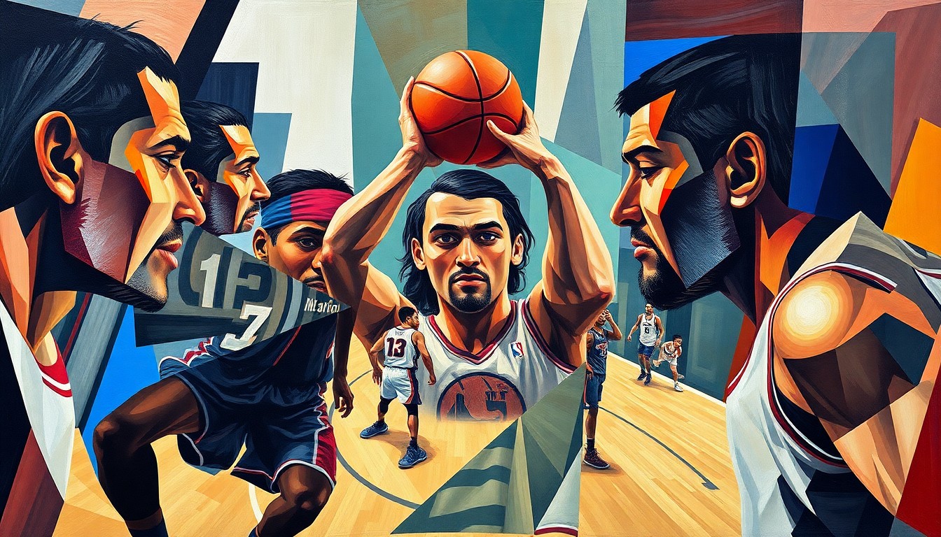 A cubist, geometric painting depicting a basketball game, with the players' forms broken down into overlapping shapes and planes of color, capturing the dynamic energy of the sport.
