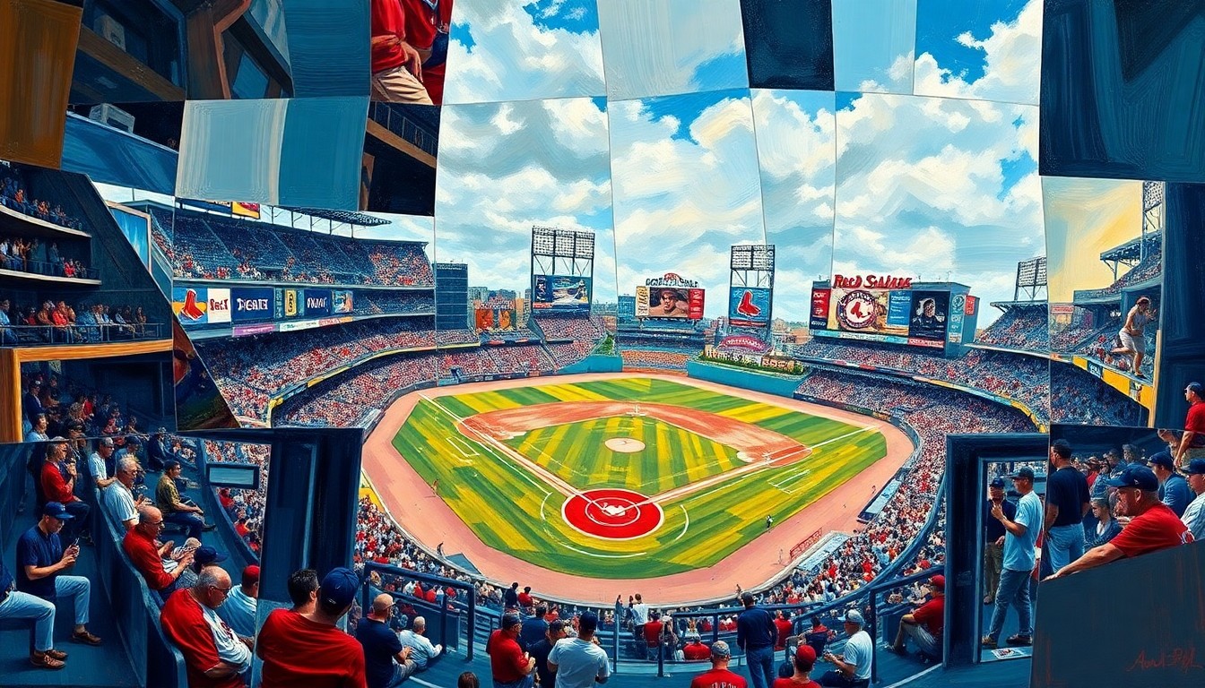 A cubist, geometric painting depicting a Red Sox baseball game, with the players and field broken down into sharp, overlapping planes of color and shape, capturing the fractured energy and high expectations surrounding the team's home opener.