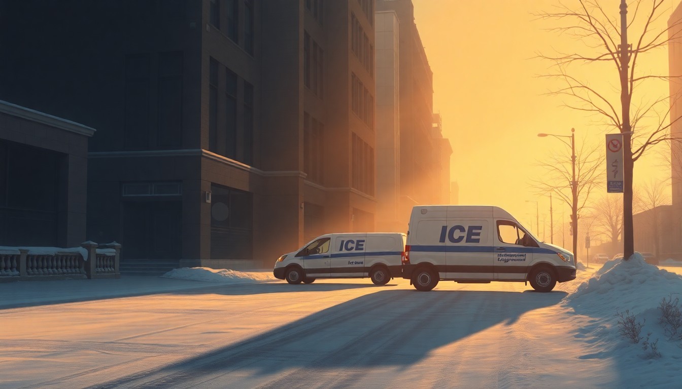 An extreme close-up of an ICE vehicle parked on a snowy city street, with the vehicle's reflective surface capturing the warm, diagonal sunlight and deep shadows that create a cinematic, nostalgic atmosphere, conceptually illustrating the tension between federal immigration enforcement and local sanctuary policies.