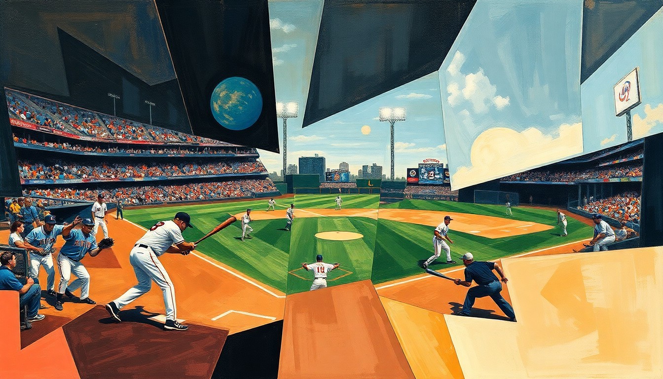 A cubist, geometric painting depicting a baseball game or action, with players and the field abstracted into sharp, overlapping planes of color and shape.