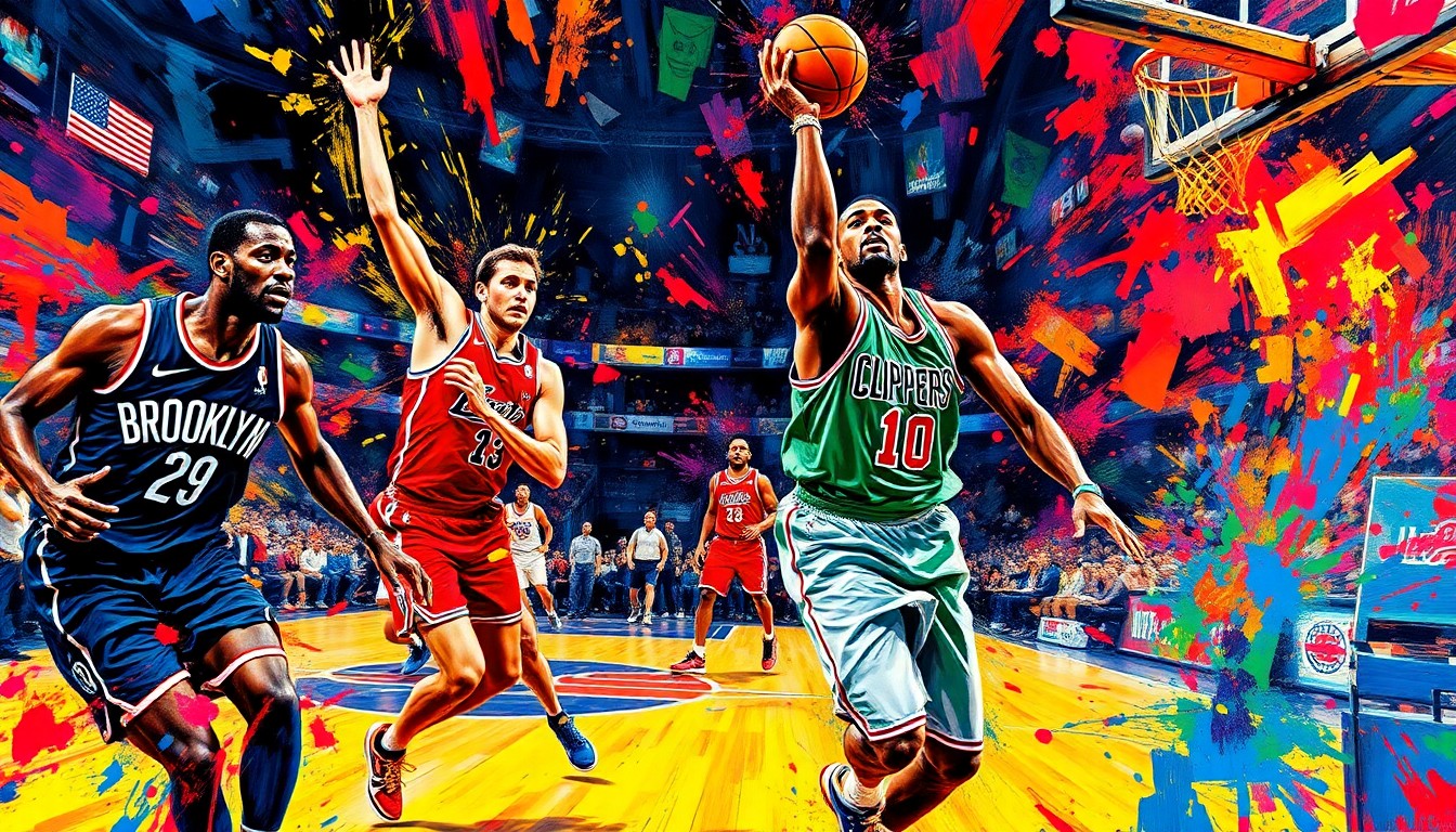 An abstract, expressionist painting in vibrant neon colors, capturing the intense energy and fast-paced action of a high-stakes basketball game, with players' forms dissolving into dynamic brushstrokes and splashes of color.