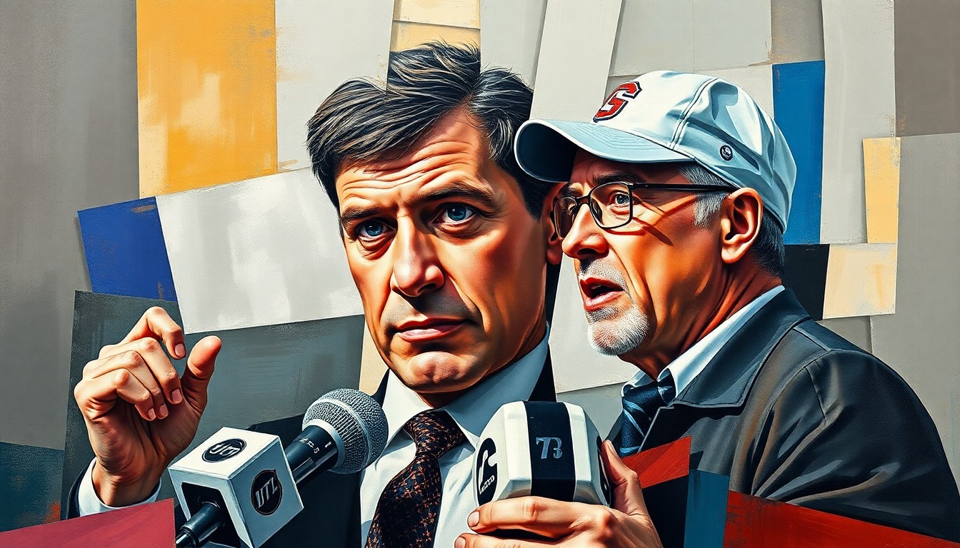 A cubist, geometric painting depicting a sports reporter and a football coach in an abstract, fragmented style, conveying the complexity and tension of their relationship.
