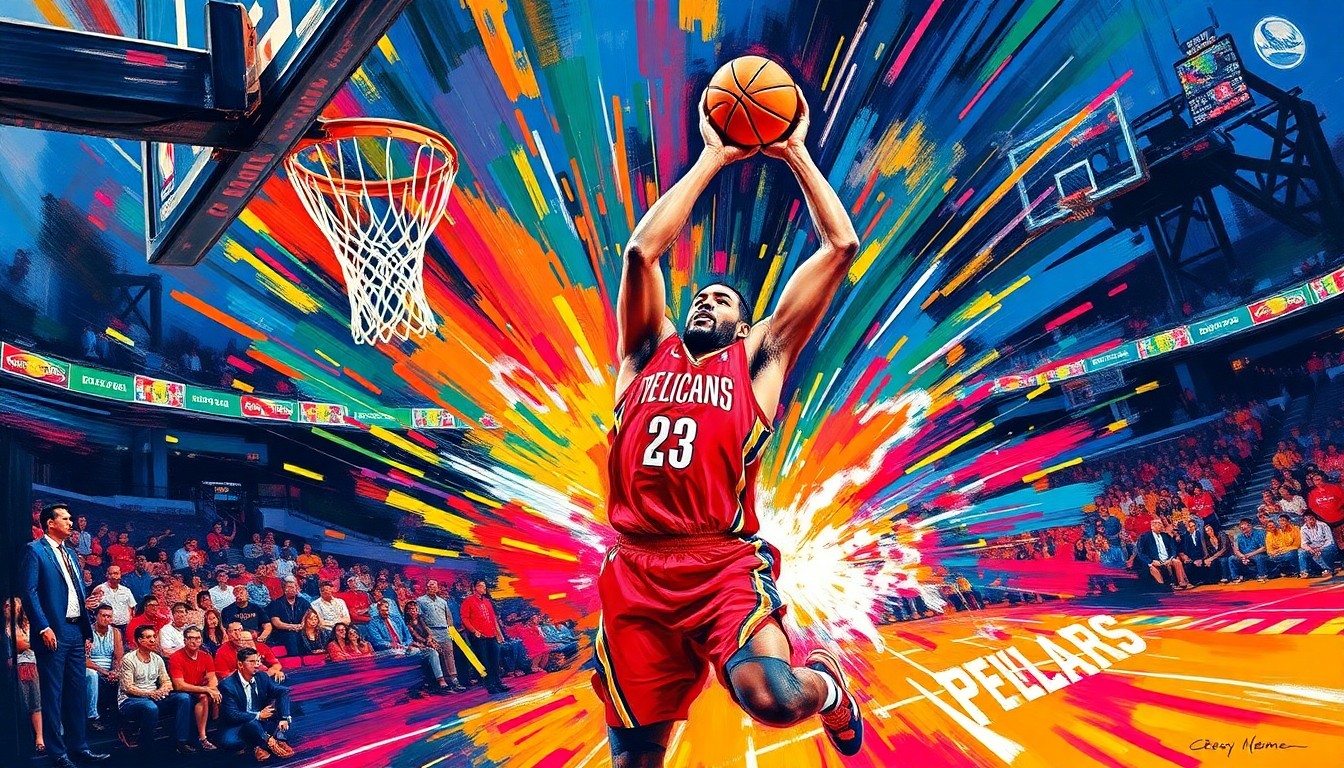 An abstract, energetic painting with bold, neon-colored brushstrokes capturing the intensity and movement of a basketball game, conceptually representing the Pelicans' dramatic comeback victory over the Spurs.