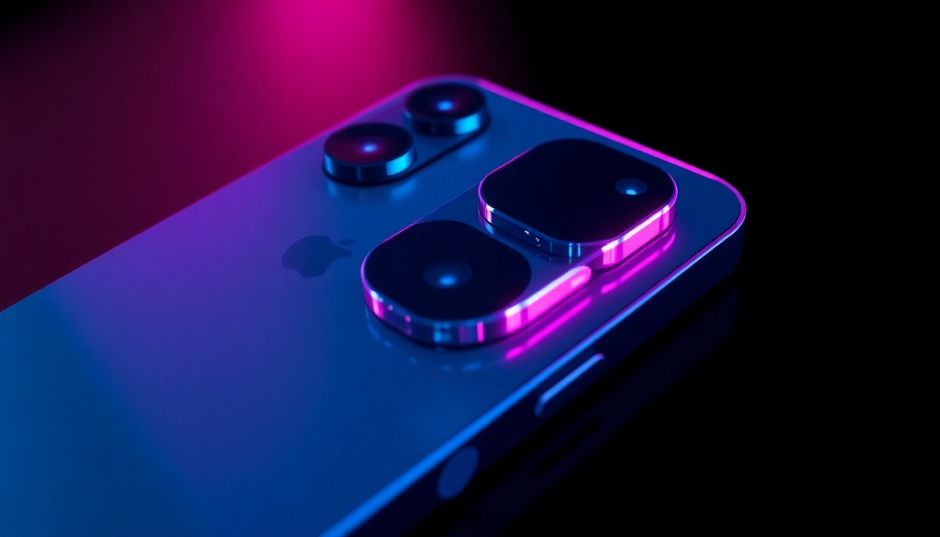 A visually striking, highly detailed 3D illustration of a futuristic iPhone 18 Pro model, with glowing neon lights accentuating its sleek, metallic chassis and advanced camera sensors, conceptually representing the cutting-edge technology and design of Apple's upcoming flagship smartphone.