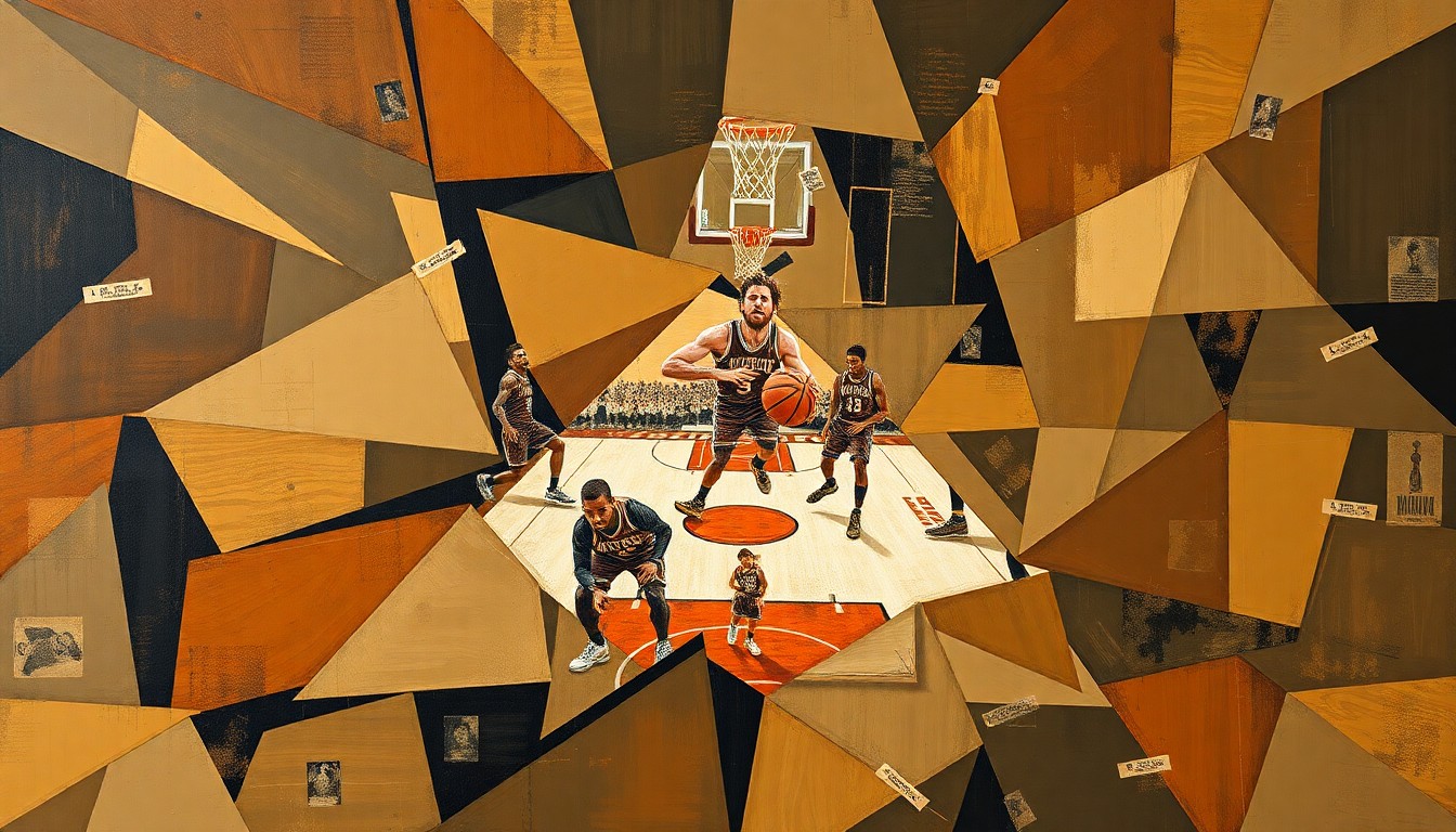 A fragmented, multi-angled painting depicting a basketball game or match, with sharp, overlapping geometric shapes in muted earth tones representing the high-stakes nature of the Nuggets' playoff push.