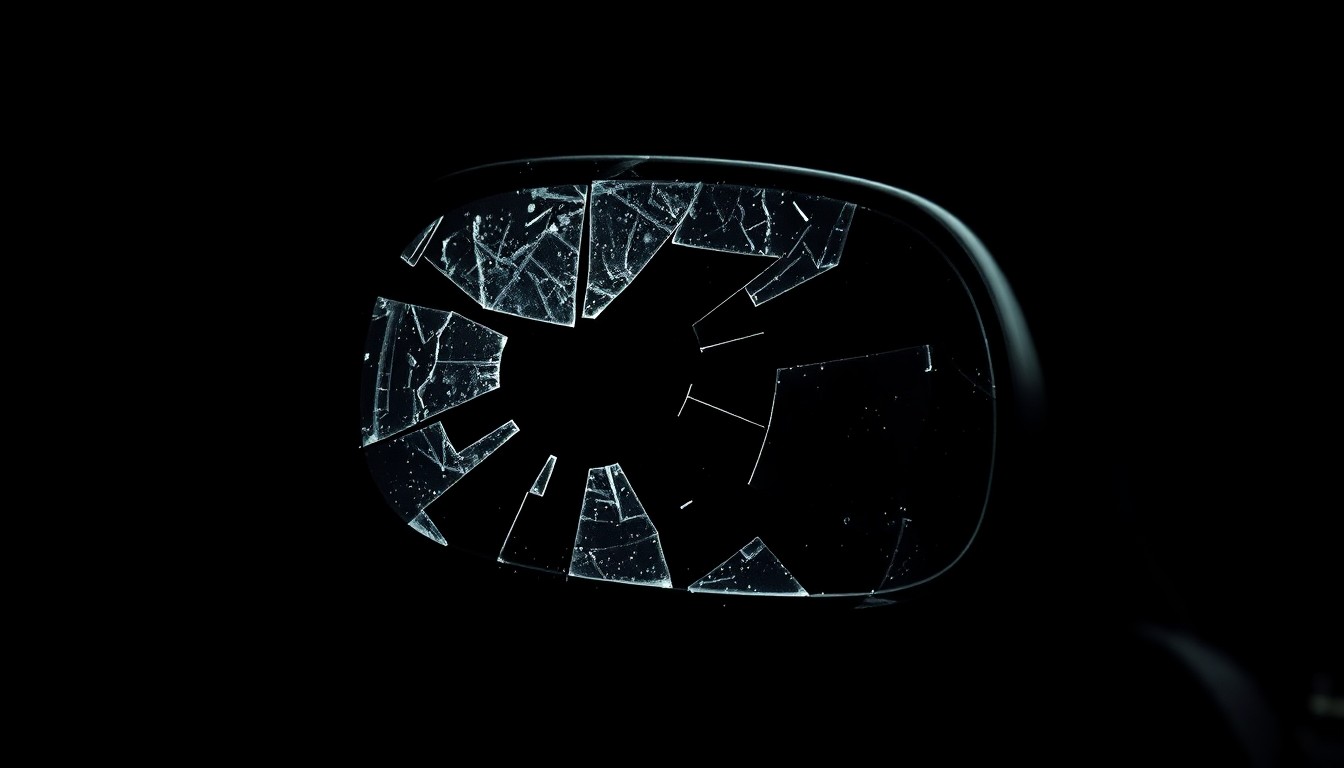 An extreme close-up photograph of a shattered car side mirror, lit by a harsh, direct camera flash against a pitch-black background, conceptually illustrating the tragic aftermath of a pedestrian accident involving an Amazon delivery vehicle.