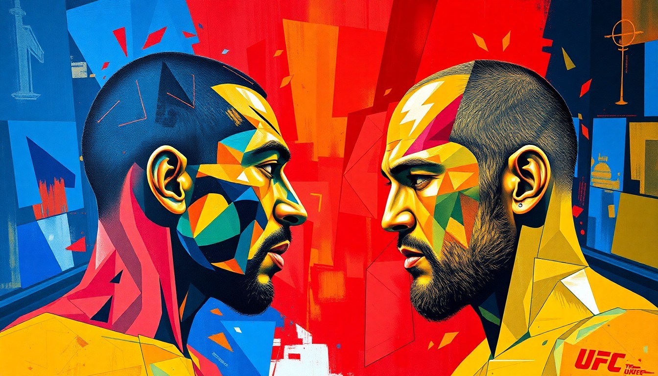 A fractured, multi-perspective painting in bold colors, depicting the dynamic movements and strategic battle of a UFC lightweight fight between two fighters.