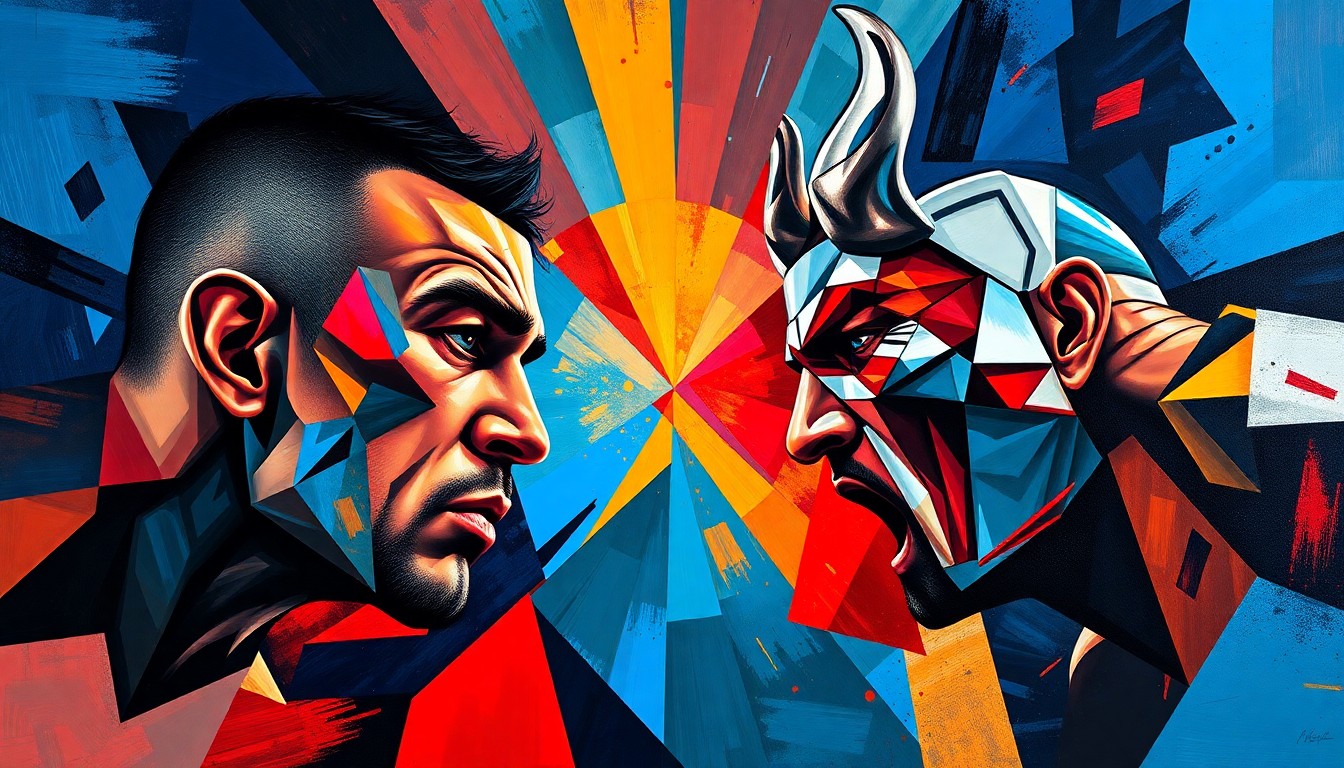 A fractured, multi-perspective painting in the style of Pablo Picasso, breaking down the UFC 327 featherweight fight between Aaron Pico and Patricio Pitbull into sharp, overlapping geometric planes of vibrant colors like deep blues, fiery reds, and metallic silvers, capturing the raw energy and intensity of the match.
