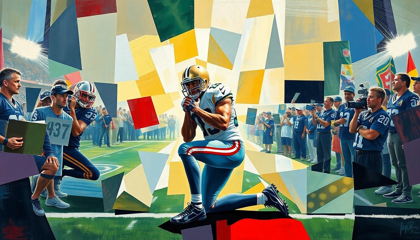 A cubist, geometric painting depicting a football player kneeling in protest, with the scene broken down into sharp, overlapping planes of color and shape, conveying the complex and divisive nature of Kaepernick's actions.