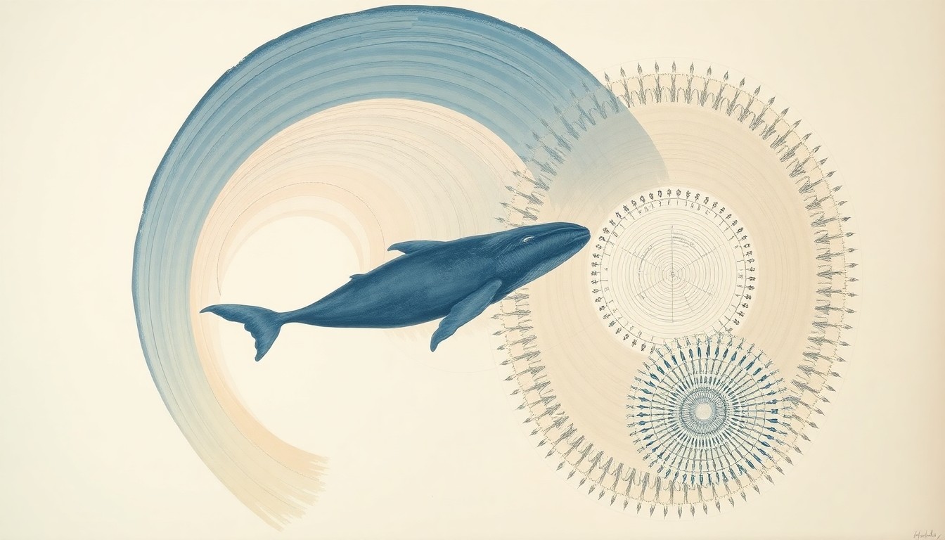 A bold, abstract painting in muted blues, greens, and browns, featuring sweeping geometric arcs, concentric circles, and precise botanical spirals, conceptually representing the complex interplay of ocean currents, melting Arctic ice, and the migratory patterns of gray whales.