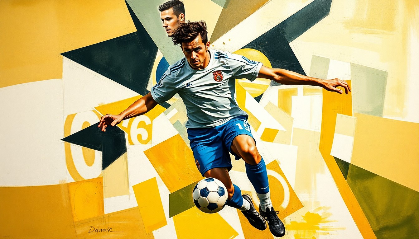 A fractured, multi-perspective painting in a cubist style, breaking down a soccer player's movements and actions into sharp, overlapping geometric planes, with the player's face and jersey abstracted into unrecognizable shapes that capture the energy and intensity of the sport.