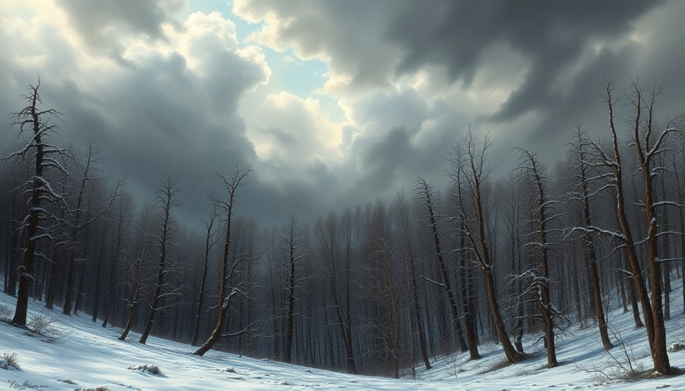 A sweeping, atmospheric landscape painting in muted tones of gray, white, and blue, capturing the overwhelming scale and power of a snow-covered forest under a dramatic, cloudy sky.