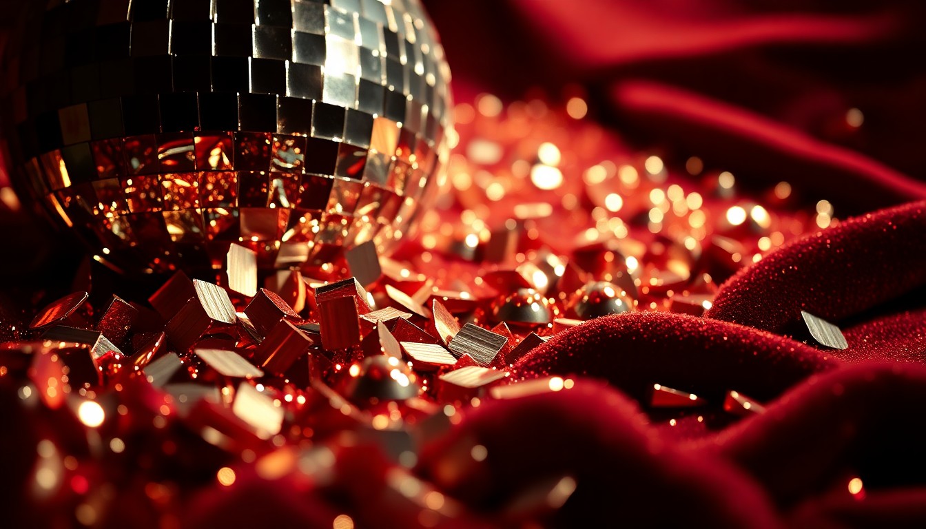 An extreme close-up photograph featuring a dazzling array of luxury textures, including shimmering sequins, glittering disco ball fragments, and plush velvet, all captured in dramatic, high-contrast studio lighting to convey the glamour and energy of the music industry.