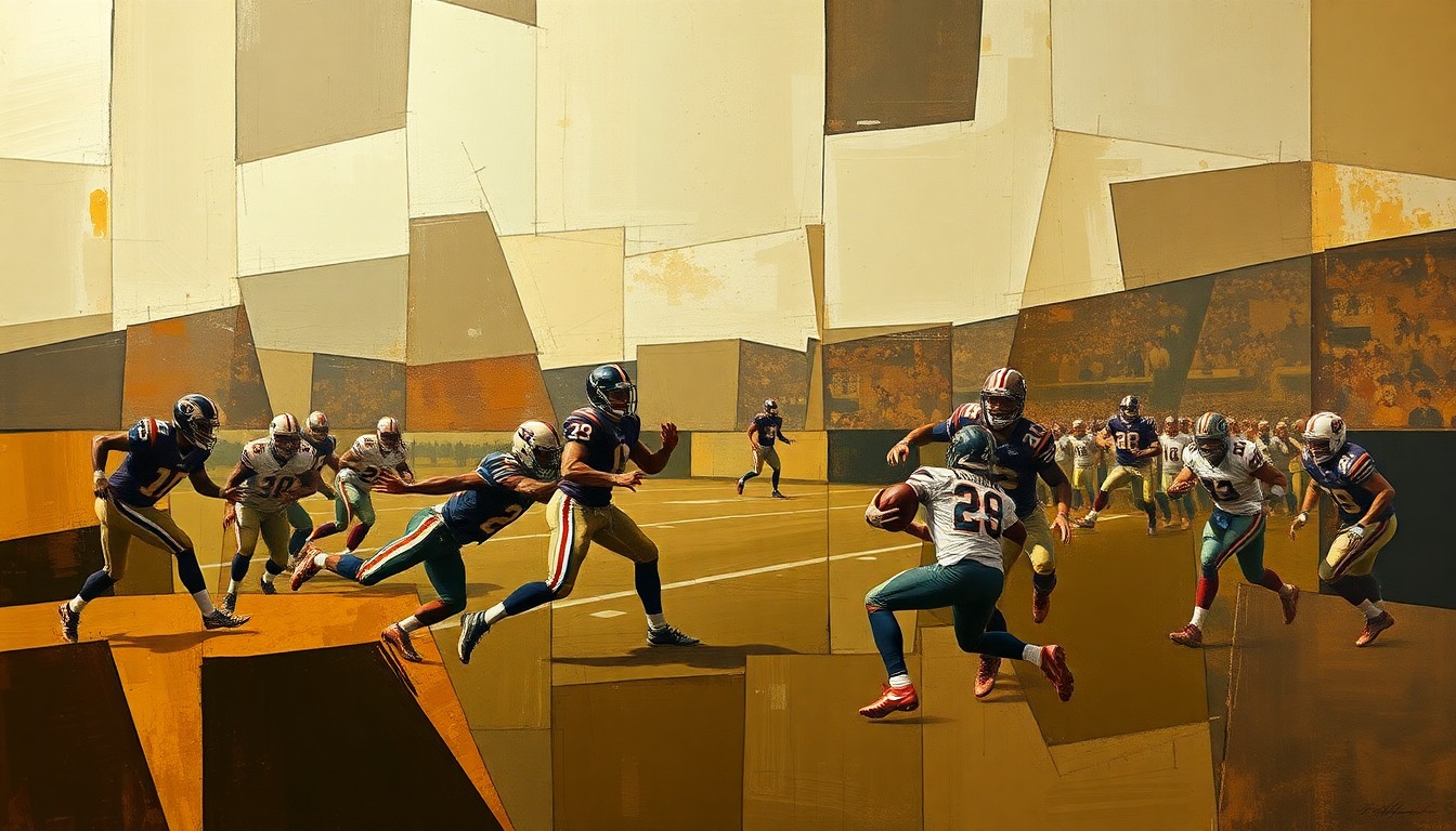 A fractured, geometric painting in muted earth tones, breaking down a football scene into sharp, overlapping planes, conceptually representing the multifaceted nature of the Deshaun Watson trade for the Cleveland Browns.