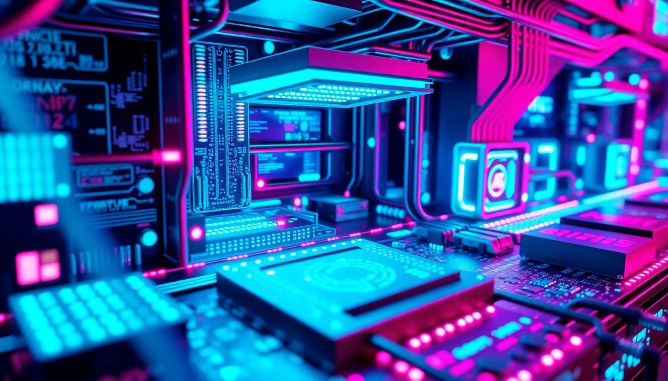 A visually striking 3D illustration depicting the intricate, glowing hardware and infrastructure powering the competitive AI landscape, conveying the high-stakes technological battle between leading tech companies.