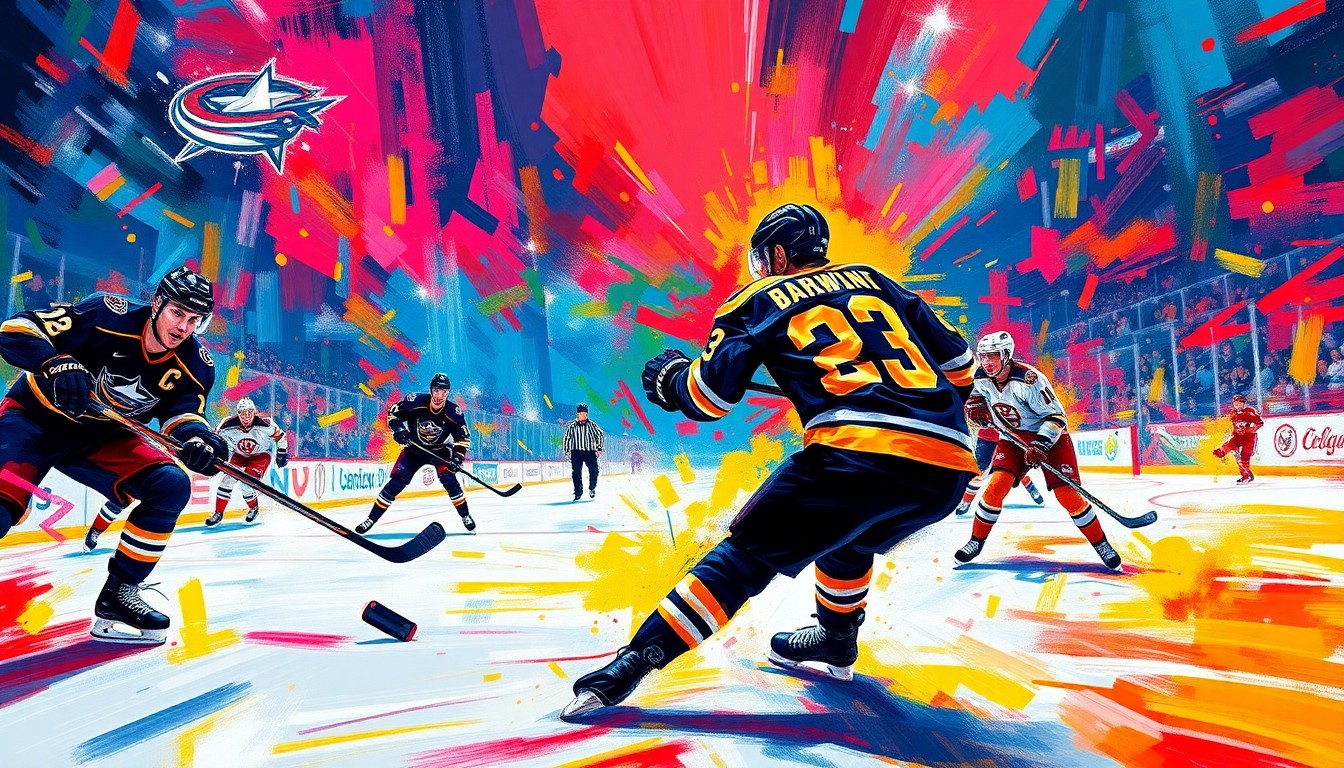 An abstract, energetic painting featuring dynamic hockey players in motion, with vibrant neon colors and expressive brushstrokes capturing the raw emotion and intensity of the high-stakes game.