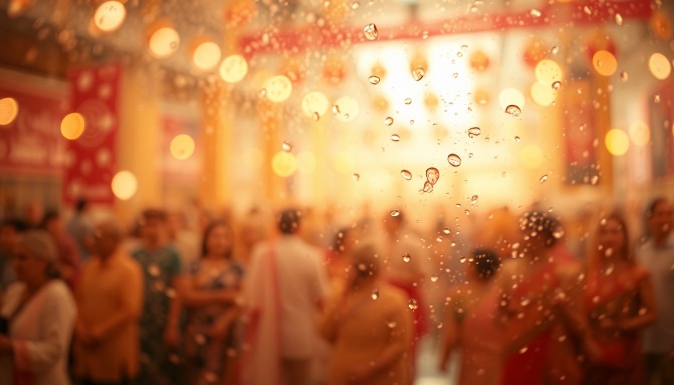 An abstract, impressionistic scene of blurred, colorful shapes and textures, conveying the celebratory atmosphere of an international cultural event.