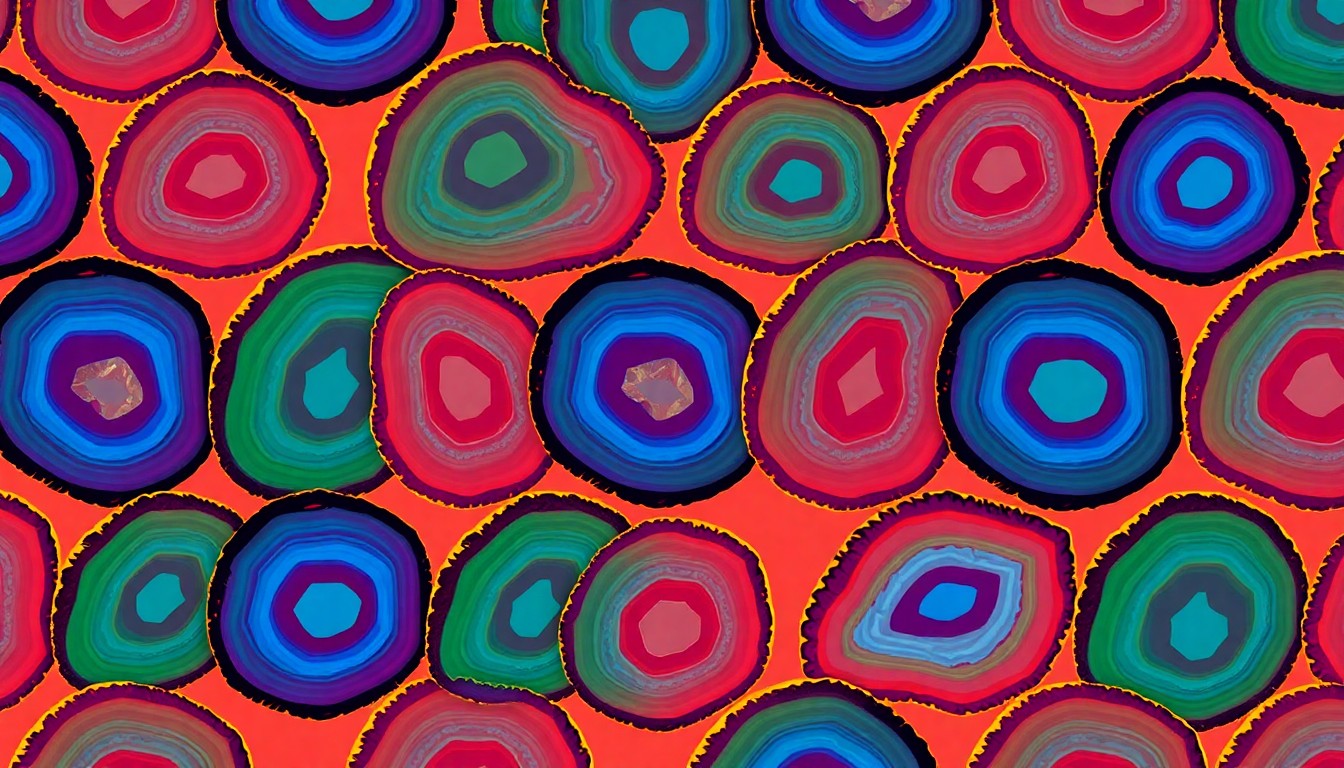 A high-contrast, silkscreen-style illustration of a repeating pattern of a single, iconic gemstone in vibrant neon colors, conceptually representing the diverse array of rare and unique minerals on display at the annual Searchers Gem and Mineral Show.