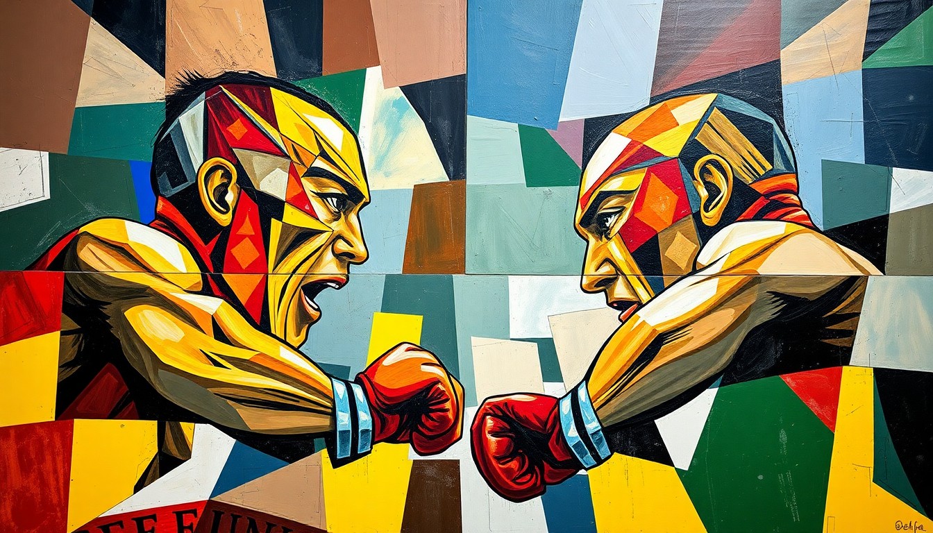 A cubist-style painting depicting the Tyson Fury vs. Arslanbek Makhmudov boxing match, with the figures and ring broken down into sharp, angular geometric shapes and planes of color, capturing the intensity and dynamism of the fight.