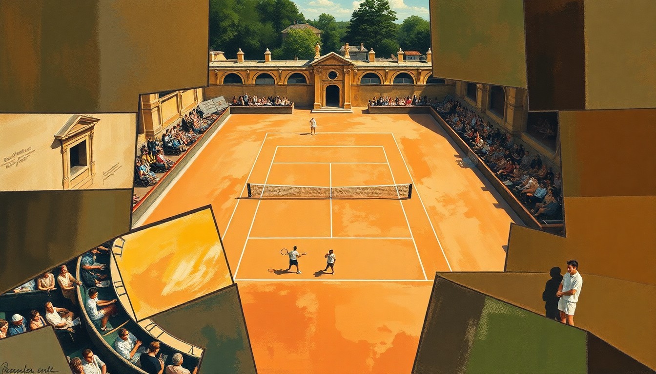 A fragmented, geometric painting depicting a tennis match on a clay court, with sharp, overlapping planes in muted earth tones conveying the physical and mental adjustments required for American players to succeed on this surface.