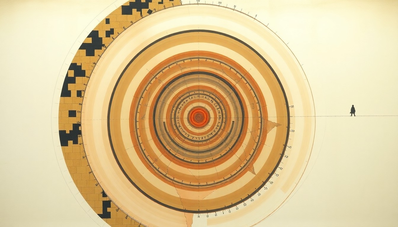 A bold, abstract painting in earthy tones featuring sweeping geometric arcs, concentric circles, and precise botanical spirals, conceptually representing the complex interplay between human development and the survival challenges faced by young mountain lions in fragmented habitats.