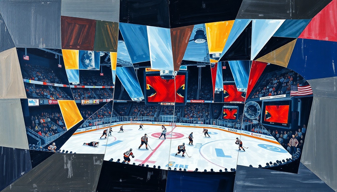 A cubist, geometric painting depicting a hockey game or match, with the players and the ice broken down into sharp, overlapping shapes and planes, conveying the intensity and unpredictability of the Flyers' playoff push.