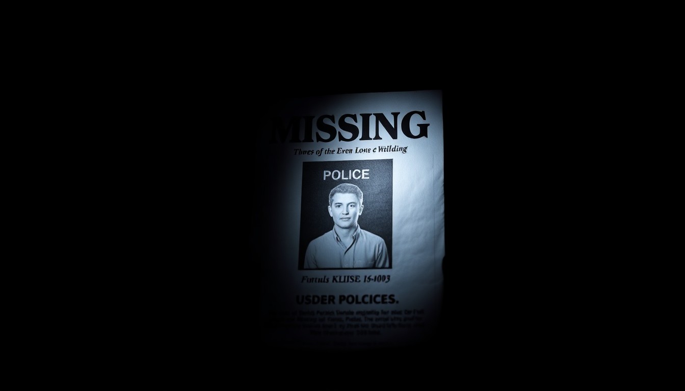 An extreme close-up photograph of a police badge or missing person flyer, capturing the stark, gritty, and investigative nature of a missing person case without depicting any actual violence or victims.