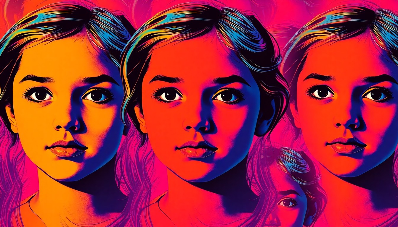 A highly stylized, silkscreen-inspired portrait of a young girl's face, rendered in a grid of vibrant, neon-like colors and heavy black outlines, conceptually representing the blend of personal achievement, civic engagement, and public visibility that defines the story.