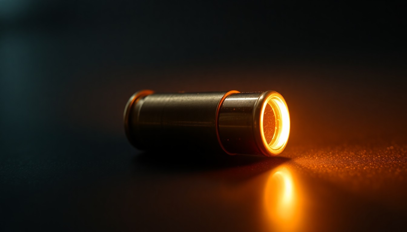 An extreme close-up of a single bullet casing on a dark surface, lit by a harsh, direct camera flash, conceptually representing the aftermath of a shooting.