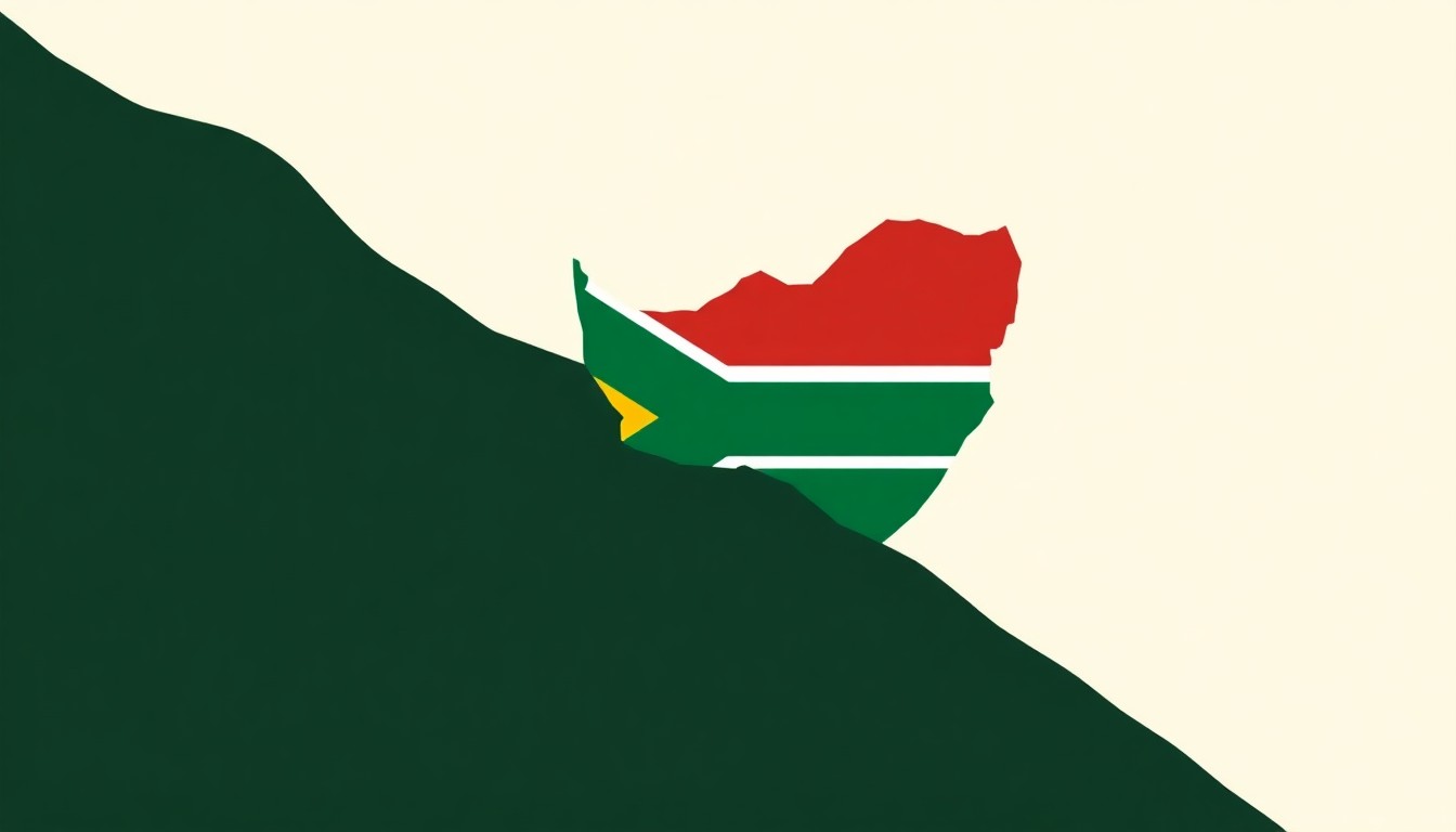 A minimalist, abstract illustration featuring bold geometric shapes in primary colors, conceptually representing the decline in South Africa's investment attractiveness.