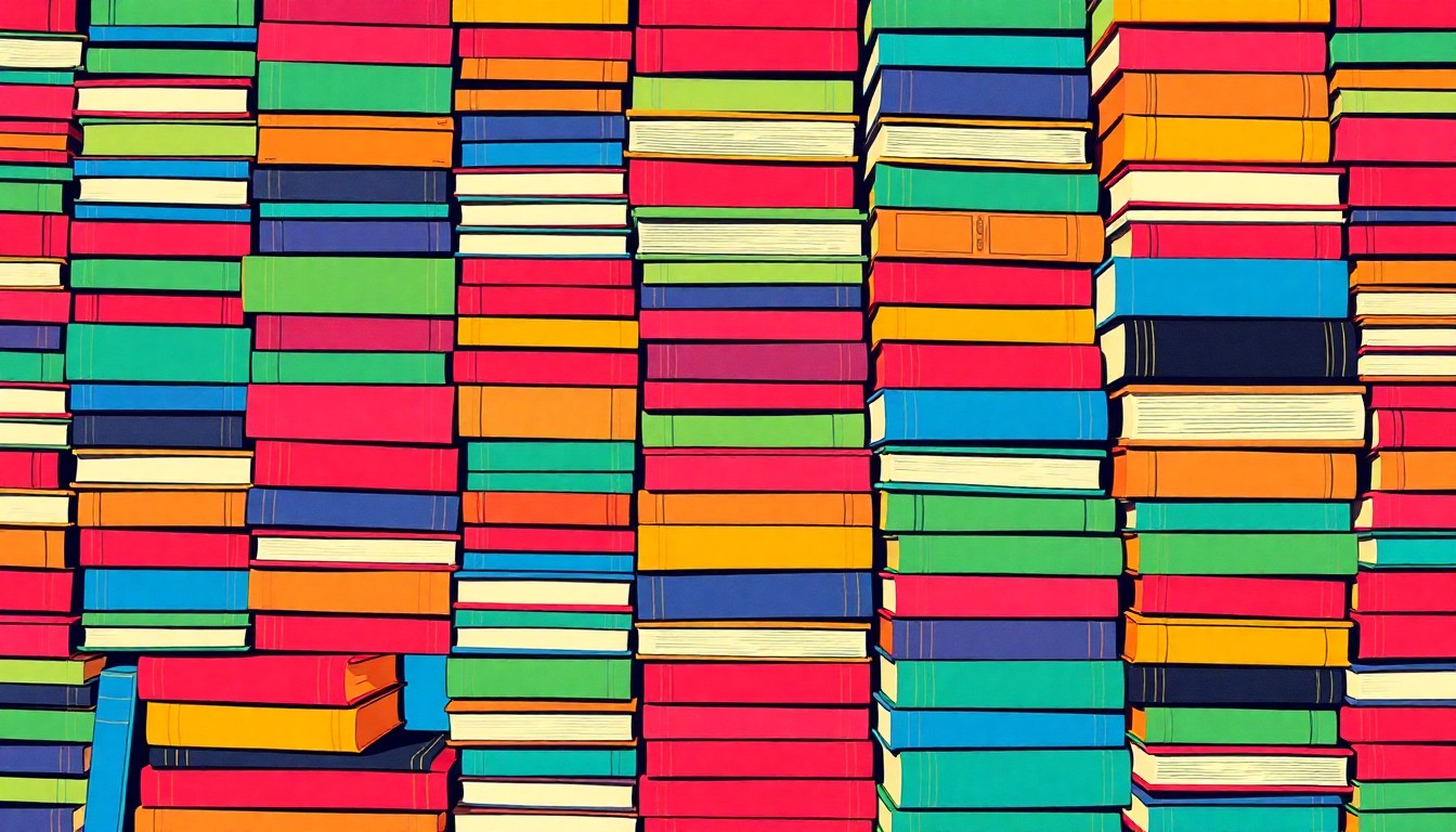 A repeating grid pattern of brightly colored, stylized book spines in various shades of red, blue, and yellow, conceptually representing the vibrant energy and community focus of an independent bookstore opening in a downtown district.