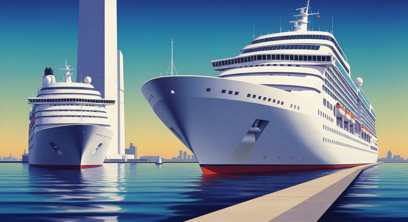 A highly stylized, geometric illustration depicting the grand scale and sleek design of a cruise ship in an abstract, airbrushed composition, conceptually representing the safety and cleanliness of cruise travel.