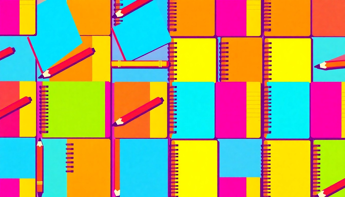 A bold, colorful silkscreen-style illustration featuring a repeating pattern of a single school supply item, such as a pencil or notebook, rendered in vibrant neon hues and heavy black outlines, conceptually representing the importance of teacher contracts and compensation in the education system.