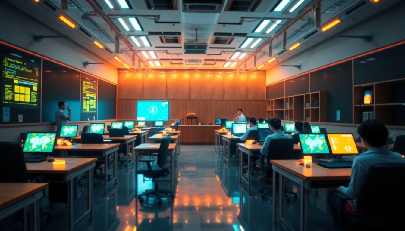 A detailed, futuristic illustration of a university classroom filled with glowing, neon-lit AI-powered devices and infrastructure, conceptually representing the blending of technology and education.