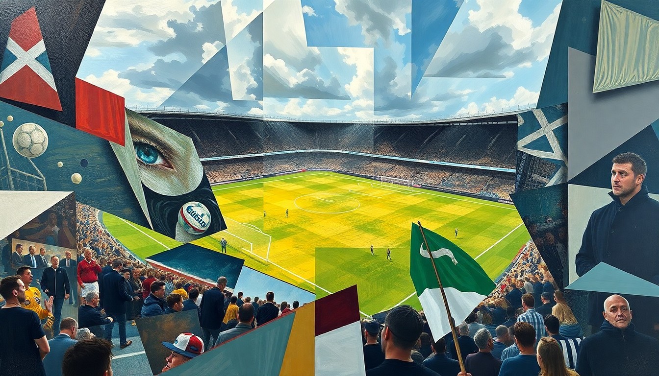 A cubist-style painting depicting a Scottish football match broken down into sharp, overlapping geometric shapes and planes, conveying the complex and multifaceted nature of the transfer market.