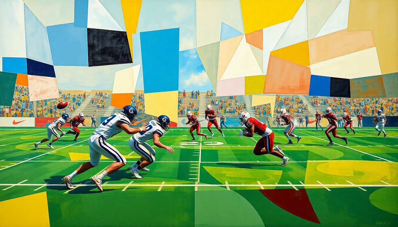 A fractured, multi-perspective painting in the style of Pablo Picasso, breaking a college football practice down into sharp, overlapping geometric planes of color and abstract shapes, conveying the dynamic motion and energy of the sport.