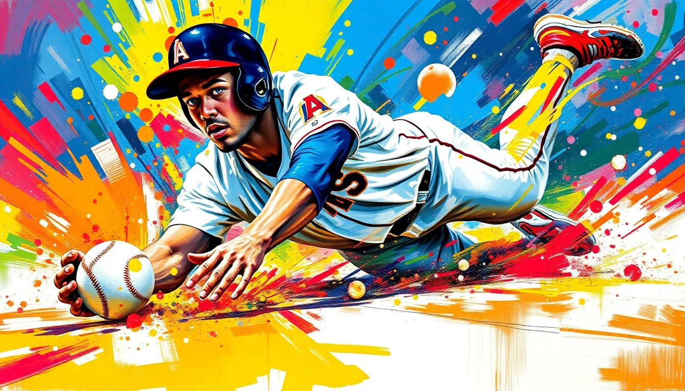An abstract, expressionist painting depicting the dynamic motion of a baseball player sliding into a base, with vibrant neon colors and rapid brushstrokes capturing the raw energy of the moment, while the player's face and uniform details dissolve into unrecognizable splatters of paint.