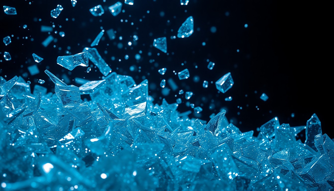 An extreme close-up of shattered glass and glittering, reflective textures in dramatic, high-contrast studio lighting, conceptually representing the gritty, industrial rave energy of the Nine Inch Noize performance.