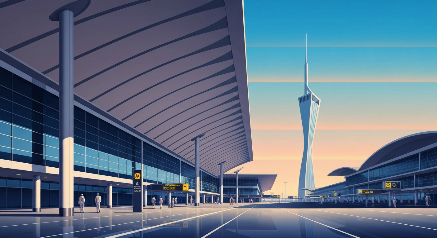 A highly stylized, geometric illustration depicting the towering, monumental presence of a modern airport terminal, with sweeping airbrushed gradients and sleek, streamlined forms, conceptually representing the need for enhanced security measures in air travel.