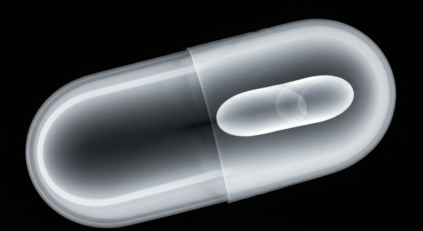 An extreme close-up X-ray photograph revealing the internal structure of a collagen supplement capsule, with the ghostly, glowing outline of the undeclared drug sildenafil visible against a dark background, conceptually illustrating the health risks of contaminated dietary supplements.