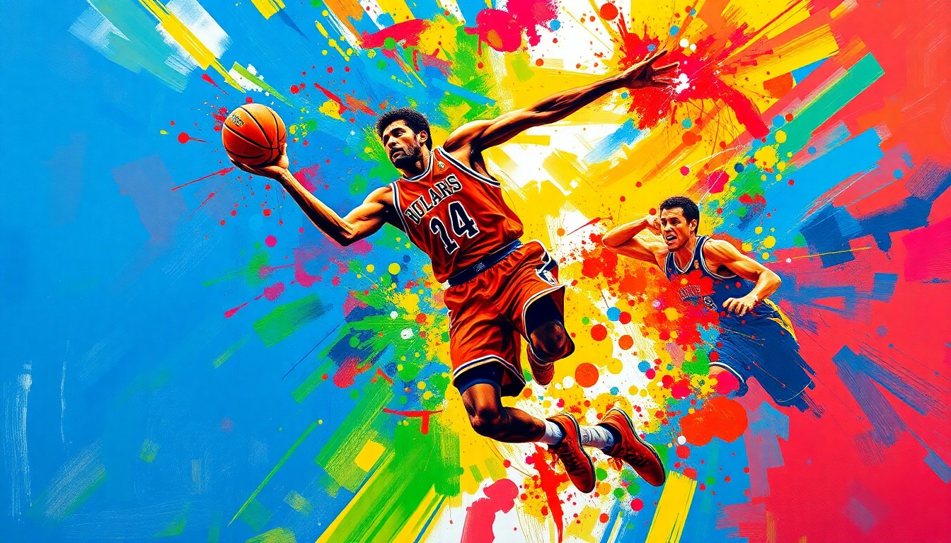 An abstract, energetic painting in neon colors depicting the dynamic movements of a basketball player in mid-jump, with the player's features dissolving into bold, expressive brushstrokes.