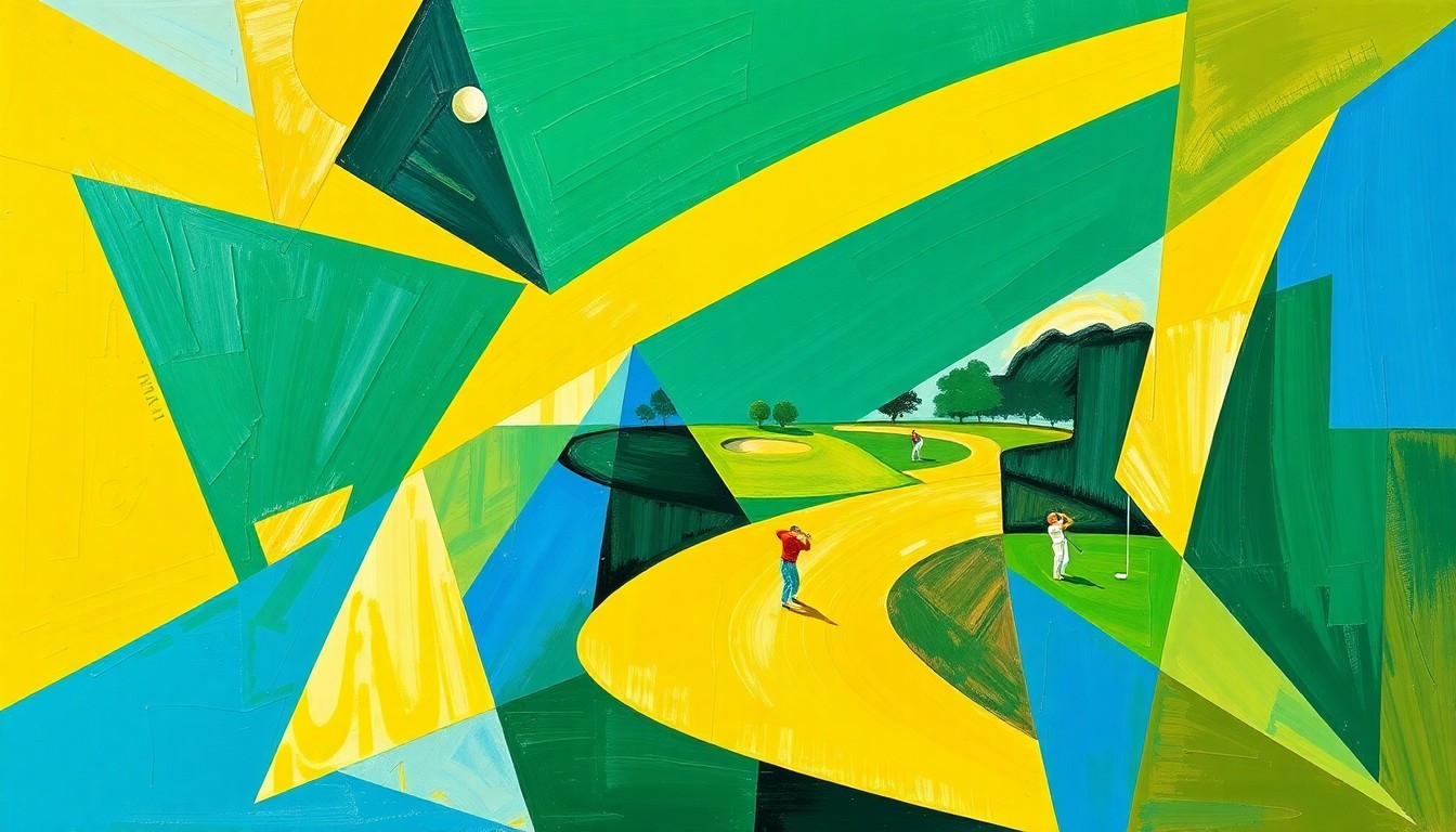 A cubist, geometric painting in vibrant colors depicting a fractured, multi-perspective view of a golf tournament or competition, conceptually representing the collapse of the World Golf Competition project.