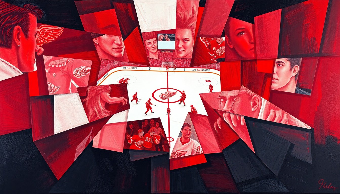 A cubist painting featuring sharp, overlapping geometric planes in red and white, conceptually representing the fragmented and challenging state of the Detroit Red Wings hockey team as they fight to end their playoff drought.