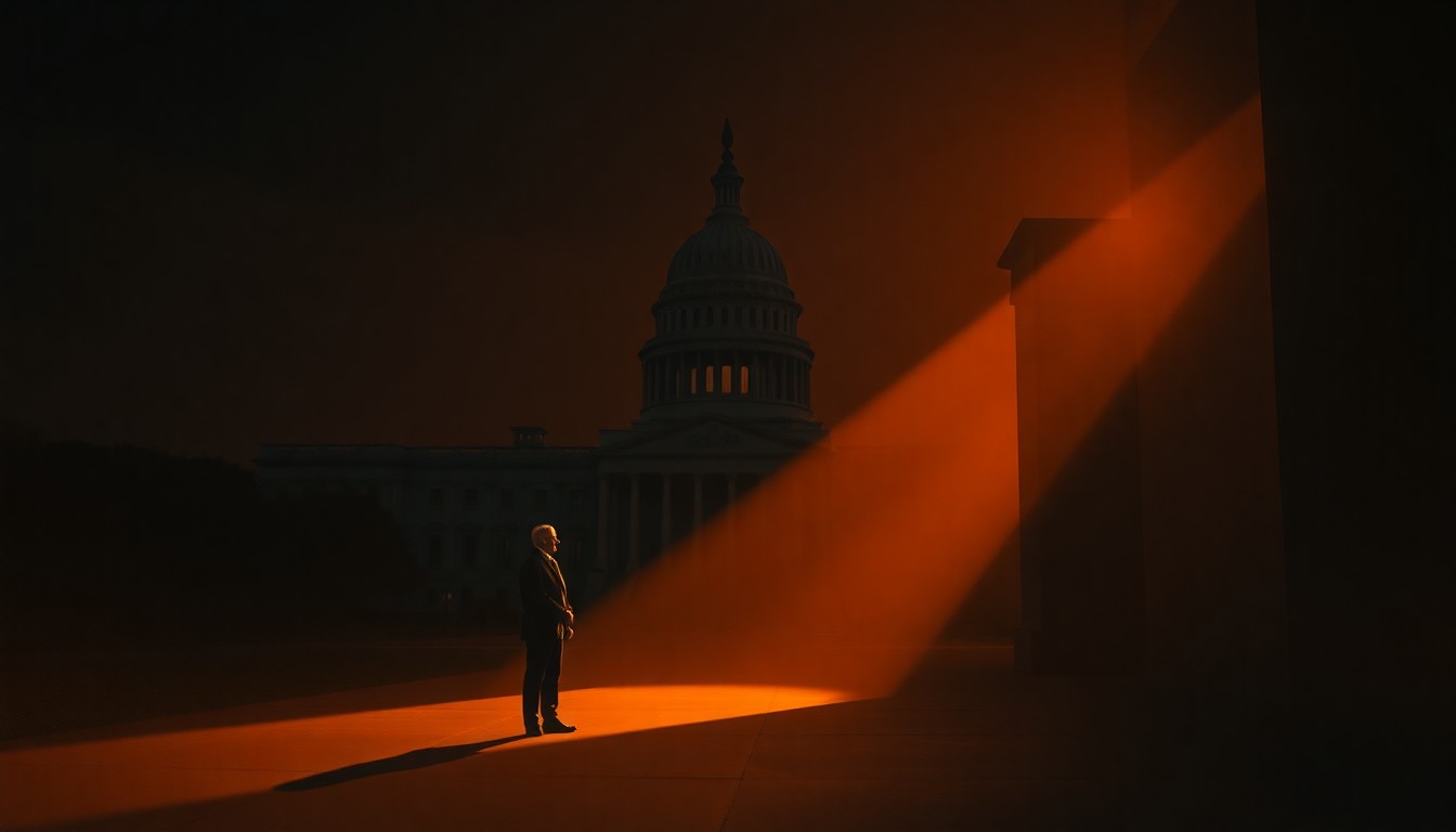 A serene, cinematic painting depicting a solitary government building or political figure in a warm, golden light, conveying a sense of contemplation and the search for a peaceful resolution.