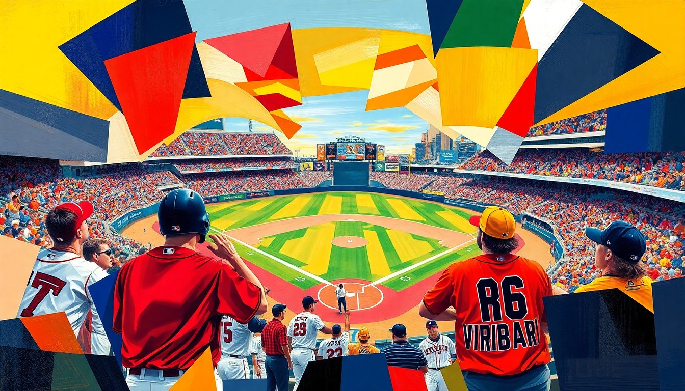 A fragmented, geometric painting depicting a baseball game in motion, with overlapping planes of color representing the players and field. The abstract style captures the intensity and volatility of the Texas Tech-West Virginia series.