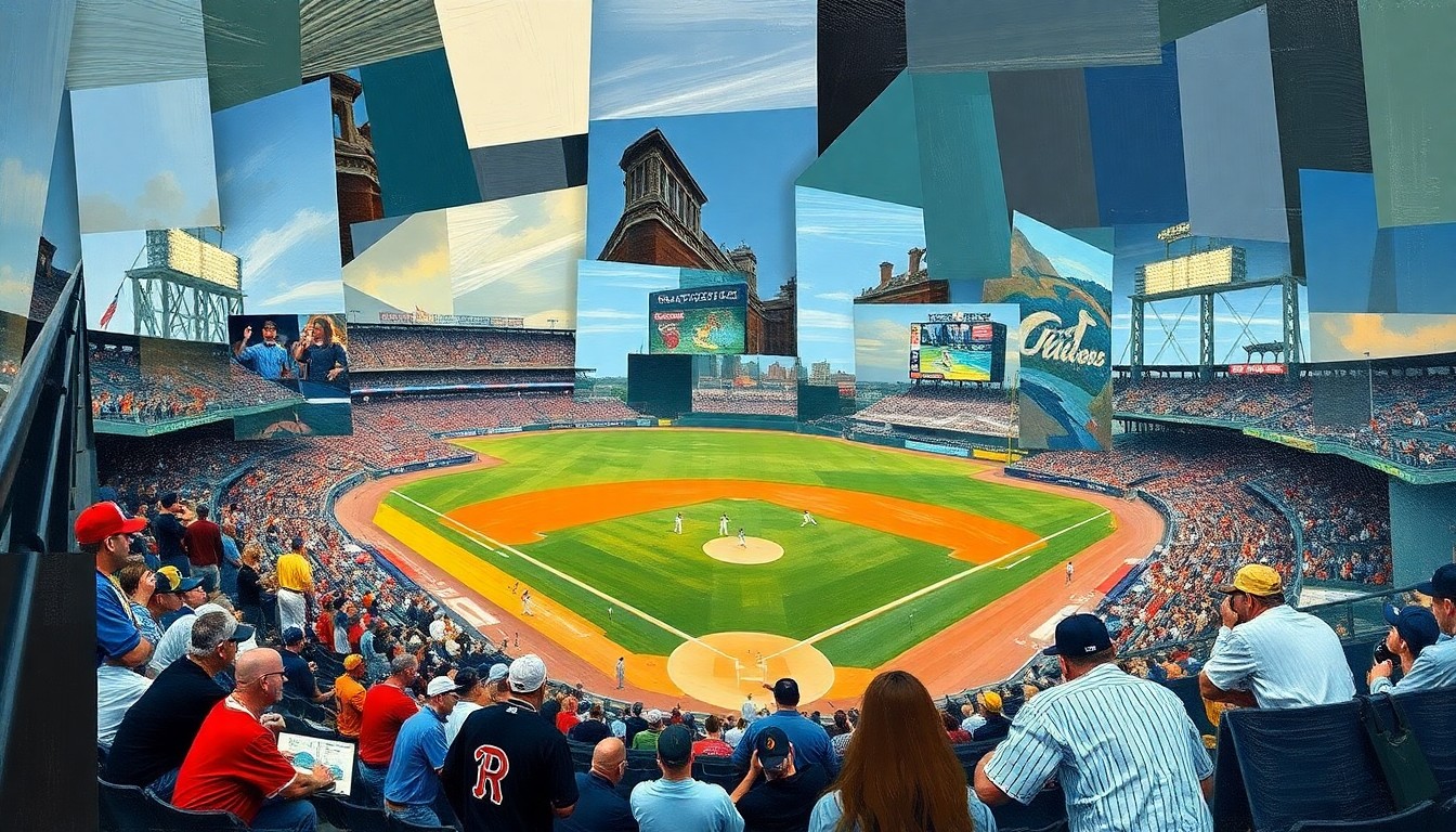 A fractured, multi-perspective painting depicting the intense action of a minor league baseball game, with players and the field broken down into sharp, overlapping geometric shapes and planes.