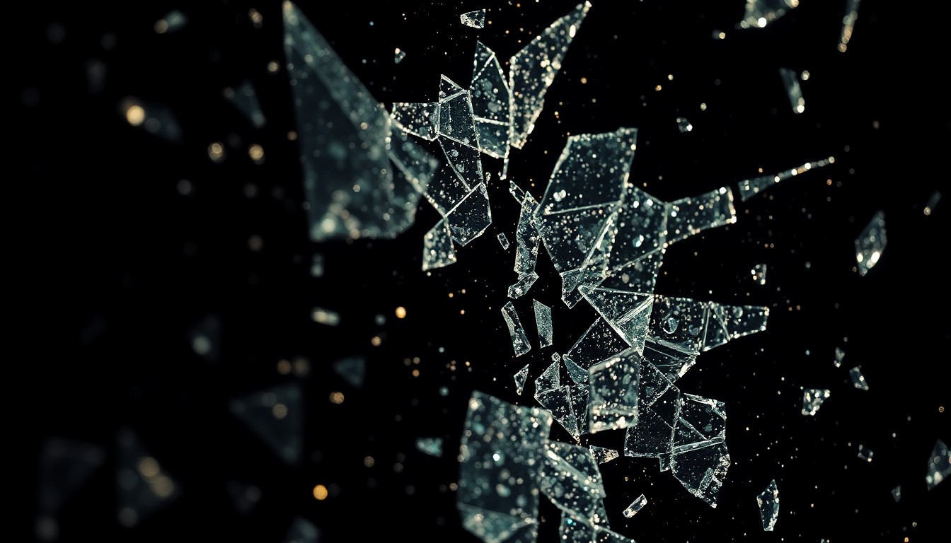 An abstract close-up photograph of shattered, reflective glass shards in high-contrast studio lighting, conveying the intense, vulnerable nature of Green Carnation's progressive metal music.