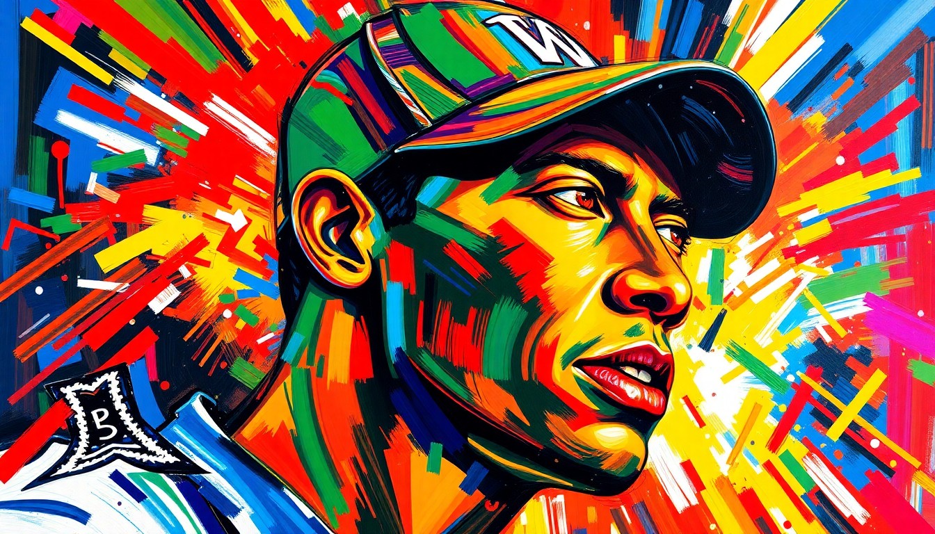 An abstract expressionist painting in vibrant neon colors, with bold, energetic brushstrokes that capture the emotional intensity and turbulence surrounding Tiger Woods' DUI arrest and its aftermath.